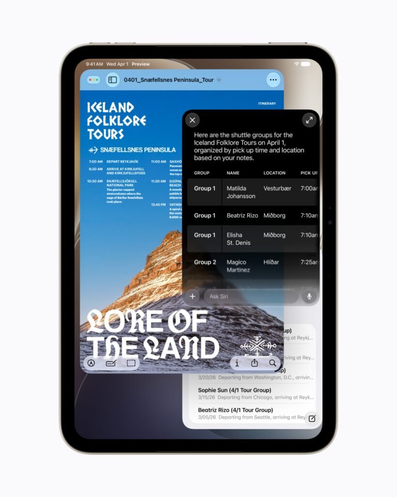 iPad mini exibindo a interface de Siri AI, em imagem oficial da Apple.