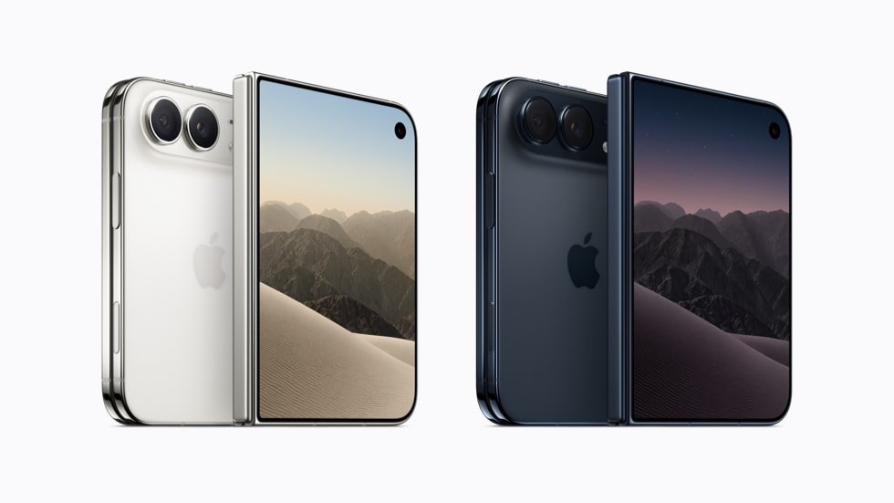 iPhone Duo aberto e fechado nas cores branco e azul-escuro, imagem oficial da Apple
