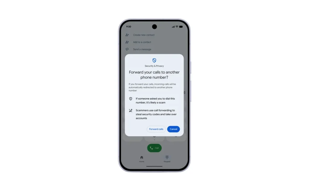 Alerta do Android sobre os riscos de desviar chamadas para outro número