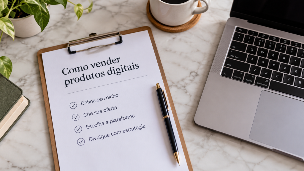 Checklist em português com etapas para vender produtos digitais, ao lado de um notebook.