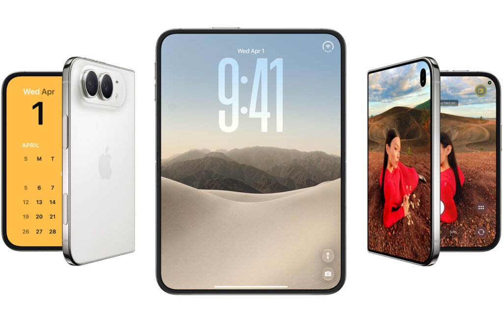 Apple iPhone Duo dobrável aberto, com acabamento branco e tela interna visível