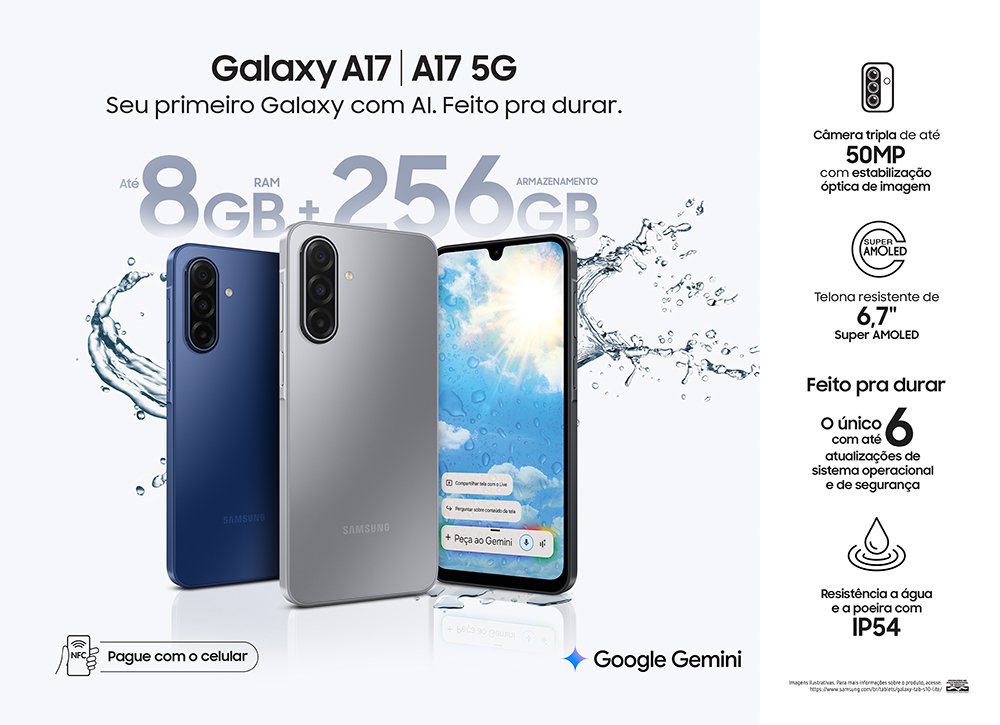 Smartphone Samsung Galaxy A17 mostrado de frente e de costas
