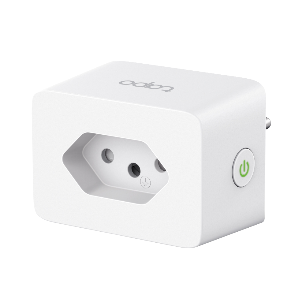 Tomada inteligente TP-Link Tapo P110 branca, vista frontal e lateral