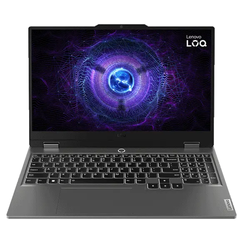 Notebook gamer Lenovo LOQ 15IRX9 aberto, com teclado numérico e tela de jogo