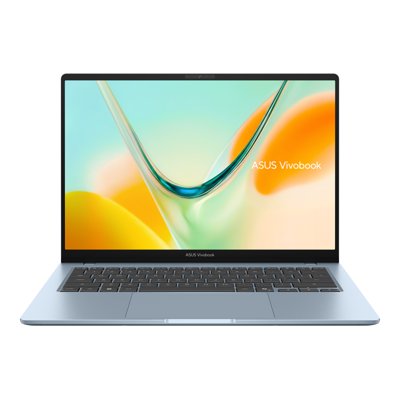 Notebook ASUS Vivobook S14 aberto, mostrando o design fino e a tela